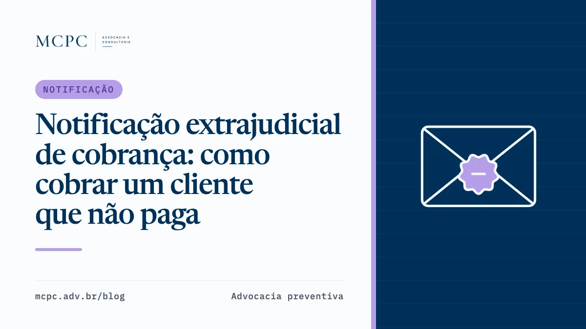 Capa do artigo com o título "Notificação extrajudicial de cobrança: como cobrar um cliente que não paga" e o logo da MCPC Advocacia