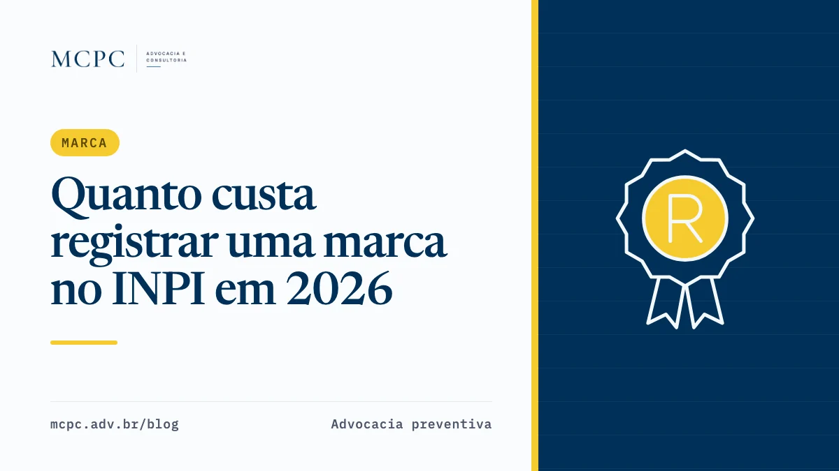 Capa com o título Quanto custa registrar uma marca no INPI em 2026, a etiqueta Marca e o desenho de um selo de marca registrada com o R em amarelo, sobre fundo azul-marinho